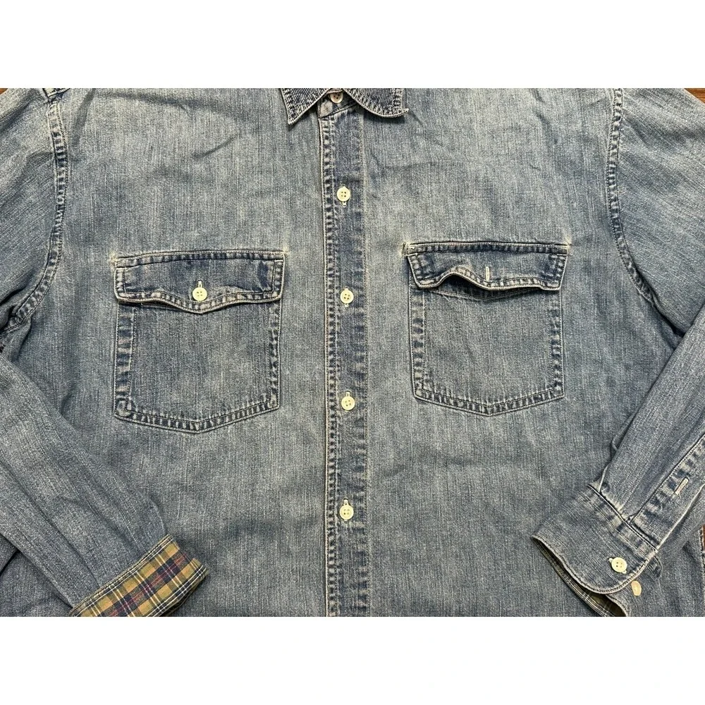 Vintage Banana Republic Distressed Denim Plaid Cuff Button Up Shirt Men Sz L